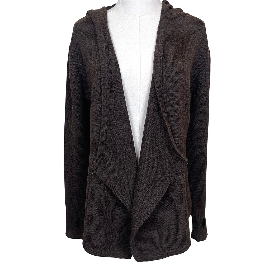 Betabrand Hooded Wrap Cardigan Women S/M Brown Wool Blend Thumbhole Asymmetrical